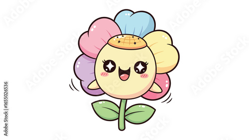 Cute Flower Cartoon Character: An adorable flower character, radiating positivity, with its bright colors and charming design, brings a touch of playfulness and joy.