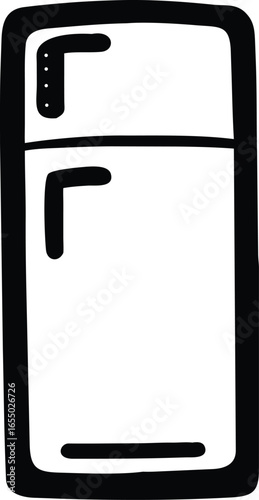 Black and white hand-drawn outline of a refrigerator on a white background fridge appliance
