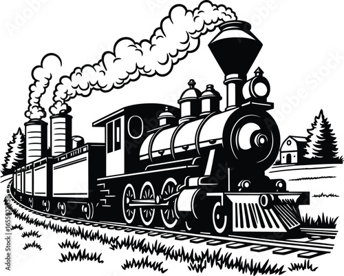 Vintage steam locomotive with billowing smoke, classic railway engine on tracks