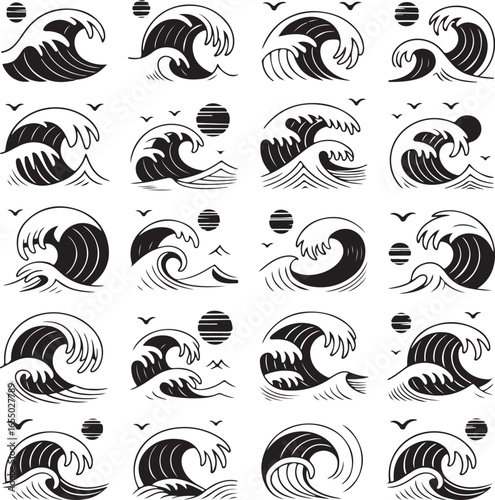 Collection of Japanese Great Wave Icons in Black and White Line Art ocean water