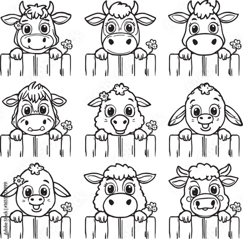 Cute cow faces grid with different expressions, farm animal head outline set