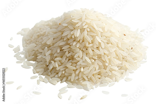 Pile of uncooked white rice grains isolated on white background for culinary and food concepts