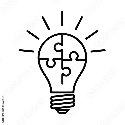 Puzzle Light Bulb Line Art Icon – Creative Idea and Innovation Concept Vector