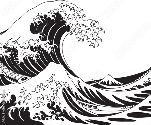 Japanese Great Wave with Mount Fuji and Boats in Black and White Line Art ocean water