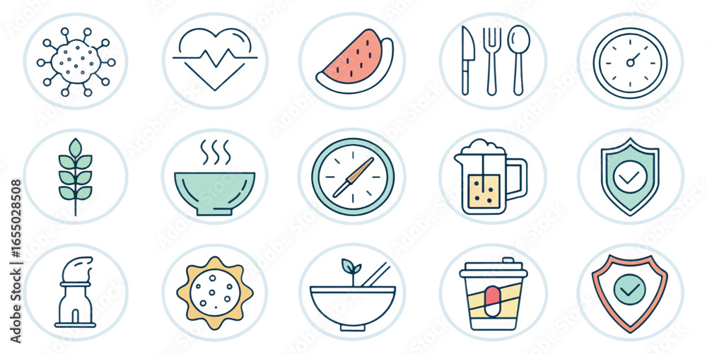 Fototapeta premium Health, Fitness and Wellness Icons Set with Lifestyle, Exercise, Nutrition, and Relaxation Symbols