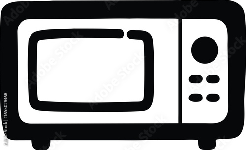 Black and white simple illustration of a microwave oven with a door and control panel kitchen appliance