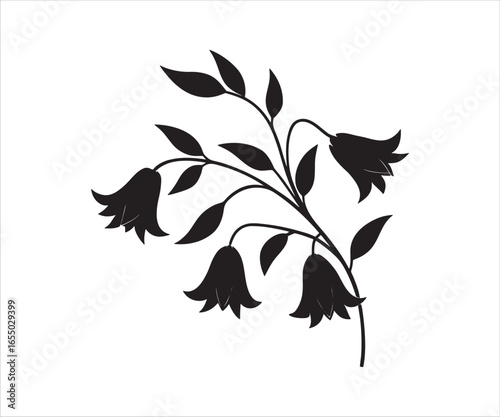Elegant bellflower silhouette with leaves on white background for creative design and floral inspiration