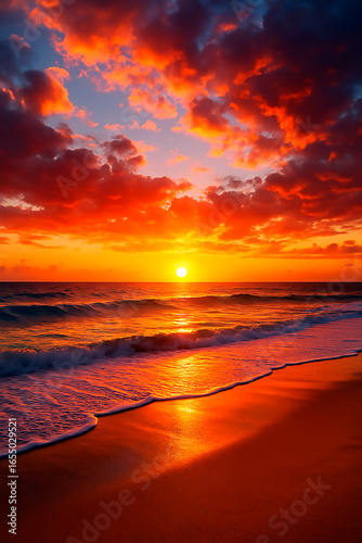 Fiery sunset over the ocean with dramatic red clouds. Beautiful beach scene. Seascape with intense sunset colors. Red and orange sunset over the ocean. Travels