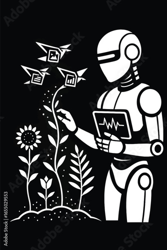 Silhouette of android botanist studying glowing holographic plants in digital garden