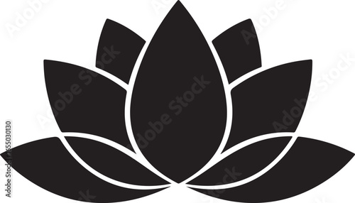 Black Silhouette of a Lotus Flower with Open Petals on White Background bloom blossom