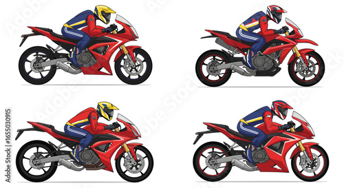 Motorcycle riders in different positions on red bikes with colorful helmets and suits