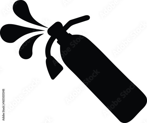 Black silhouette of a fire extinguisher spraying liquid with a hose and nozzle fire fighting