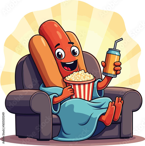Hot dog on couch watching TV with soda and popcorn, cozy movie night snack vector