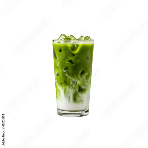 Refreshing Iced Matcha Latte with Milk and Ice Cubes in Glass