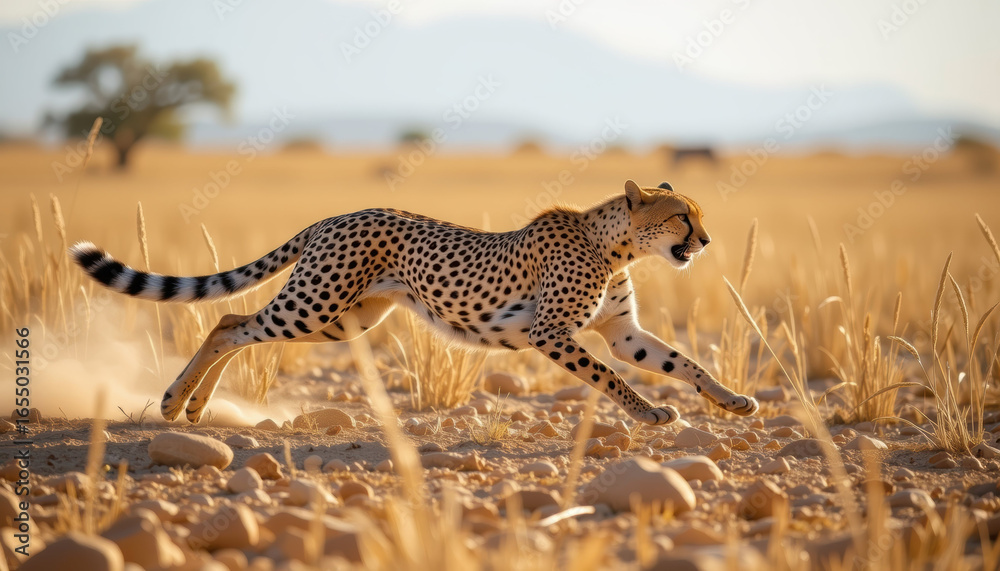 Obraz premium Cheetah running fast across dry grassland with rocks and blurred background in warm sunlight