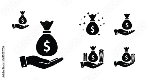 Hands holding money bags with dollars and coins in various positions