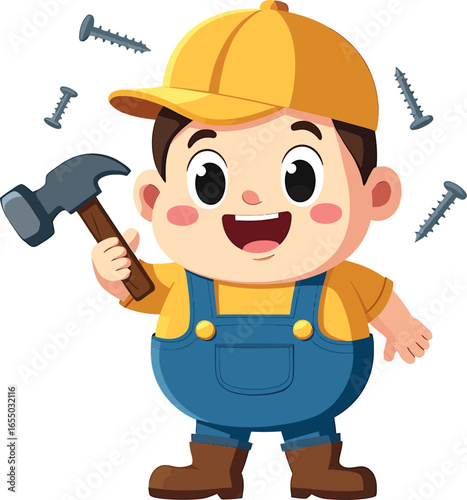 Cute builder kid with hard hat and hammer, little handyman cartoon vector