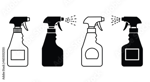 Four different spray bottles in black and white illustrations