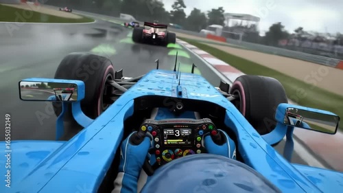 Close-up view of a light-blue Formula 1 race car on a wet racetrack