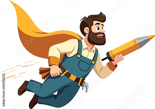 Superhero handyman with cape running and holding paint roller, home renovation hero