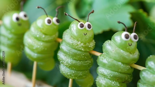 Caterpillar Grapes green grapes on a skewer with edible eyes, fun fruit snack for kids, creative food art, bright green, close up view