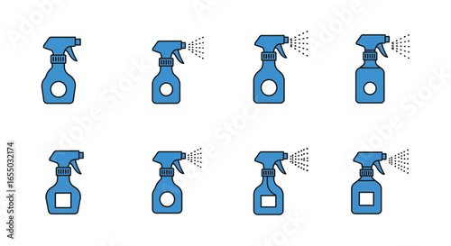 Blue spray bottles in various positions and spray modes