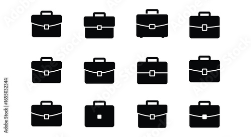 Collection of black briefcase icons in various orientations and styles