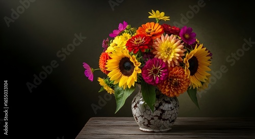 Wallpaper Mural A vibrant bouquet of sunflowers zinnias and dahlias in a patterned vase on a wooden surface against a dark background Torontodigital.ca