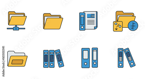 Collection of various file folder and document icons in blue and yellow