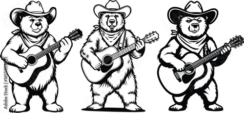 Cowboy bear playing acoustic guitar, country music mascot with hat and boots