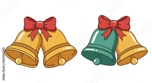 Colorful illustration of christmas bells with red bows on white background