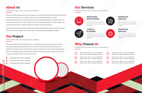 Open brochure displays "About Us," "Our Services," with red accents, geometric patterns, and circular design elements, creating a modern, corporate, and informative layout.
