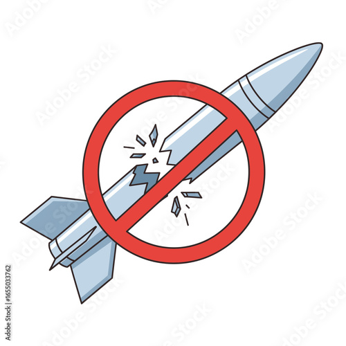 No war symbol with a destroyed rocket. Cartoon illustration representing demilitarization, anti-missile defense, and global peace.