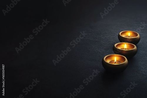 minimalistic design Diwali gold diyas or clay lamps on dark background, the extreme right third of an image