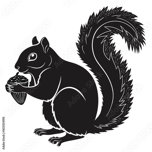 Silhouette of a Squirrel Eating an Acorn:  Autumnal,  Rustic,  Black and White Vector Illustration.