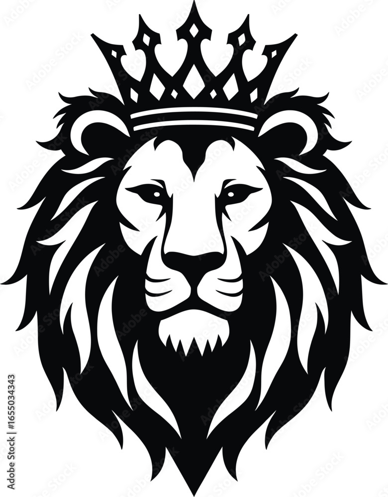 Fototapeta premium Crowned lion head bold silhouette, royal wild cat emblem and brand mark vector