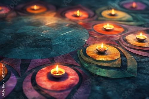 minimalistic design Diya oil lamps lit on colorful rangoli without text, the extreme right third of an image