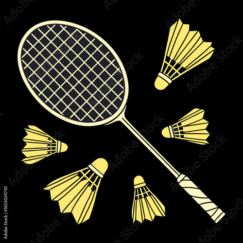 White badminton shuttlecock and two badminton rackets on blue floor sport badminton court. Outdoors. Close up.