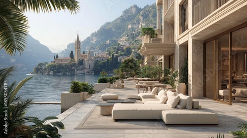 Luxurious lakefront terrace with stunning views