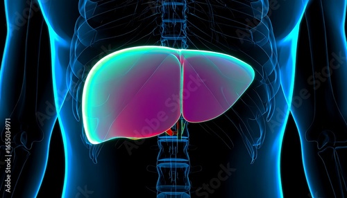 Detailed anatomical illustration showcasing the human liver within a three-dimensional skeletal structure.  A vibrant color scheme highlights the liver's complex form and position within the body.