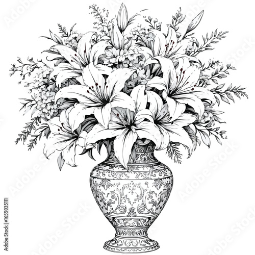 WebBlack and white illustration of a patterned vase filled with lilies and assorted flowers, rich in texture and botanical detail