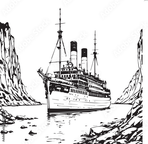 Black and white illustration of a steamship navigating a narrow rocky passage between towering cliffs in a dramatic seascape