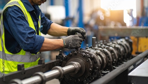 Skilled industrial worker performing detailed adjustments on heavy manufacturing machinery in a modern factory, ensuring operational precision and efficiency.