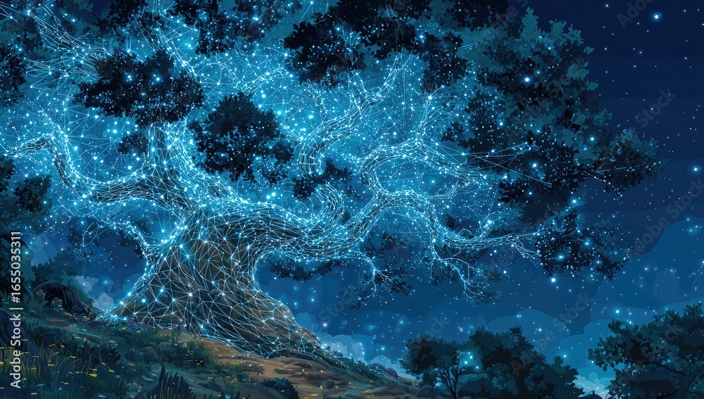 Obraz premium Mystical glowing tree at night (1)