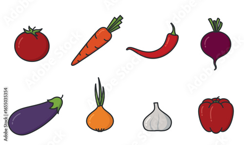 Cartoon-style illustration featuring eight different vegetables. Planting and harvest symbols.