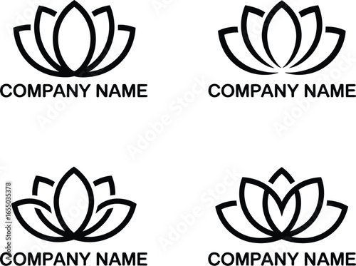 Minimalist black outline lotus flower logo designs. A set of four elegant vector illustrations, perfect for branding wellness, beauty, or spiritual businesses on a clean white background.