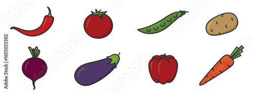 Cartoon-style vegetable illustrations. Planting and harvest symbols. Natural organic foods. Isolated vector images