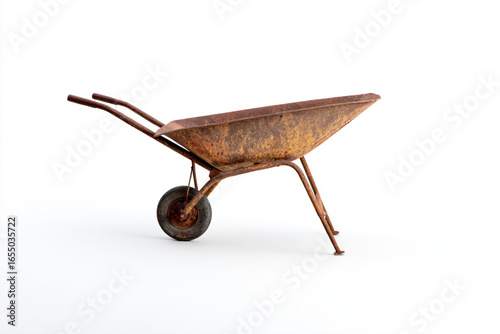 a rusty wheelbarrow is sitting on a white surface