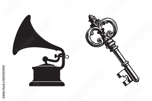 Vintage gramophone and ornate key silhouette