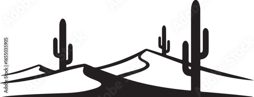 Desert Landscape Silhouette with Saguaro Cacti and Rolling Dunes on a White Background saguaro cactus